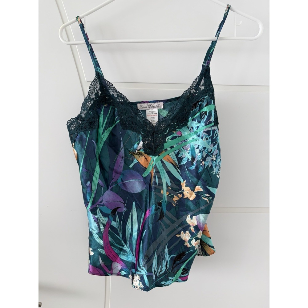 Linea Donatella Vintage Y2K Floral Fairy Coquette Satin Cami Top Green M